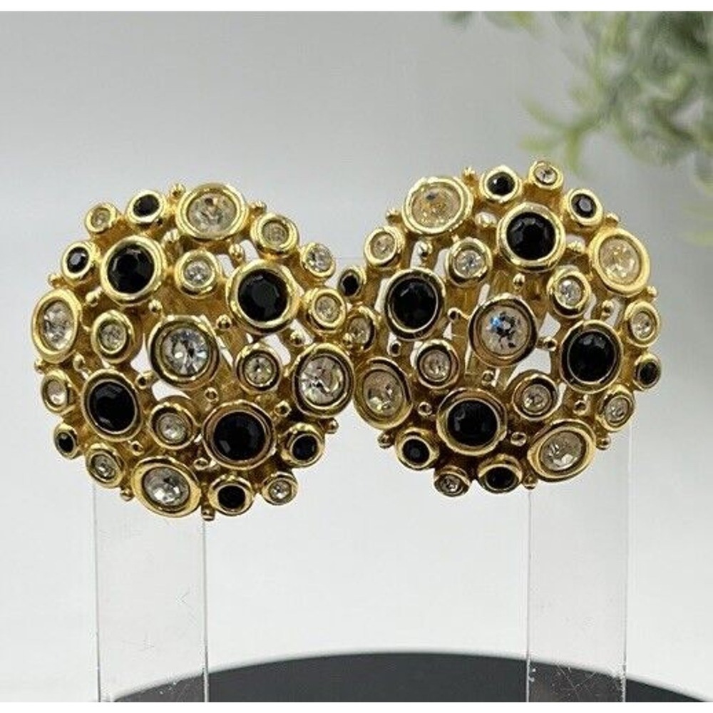 SWAROVSKI Swan Vintage Large‎ Round Black Clear Crystal Gold Tone Clip Earrings